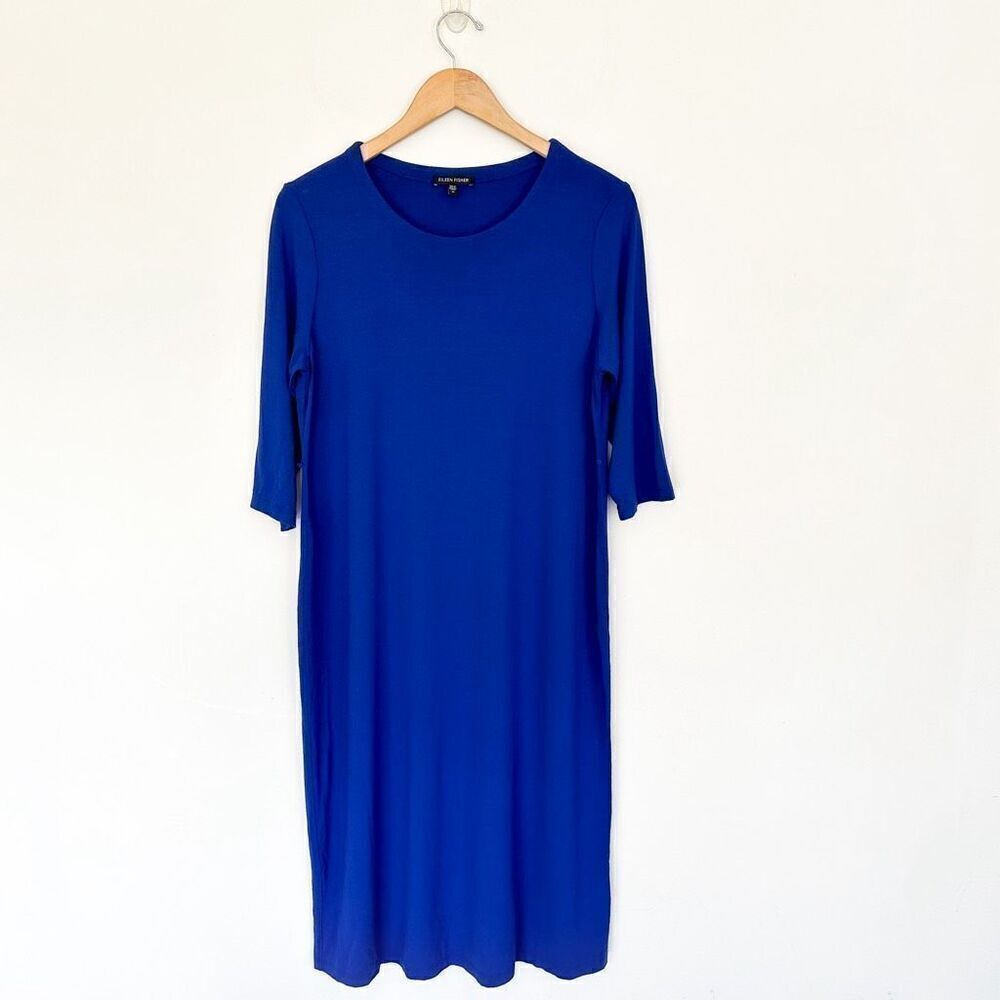 Eileen Fisher Women’s Jewel Neck Belted Stretch Jersey Dress in Adriatic Blue
